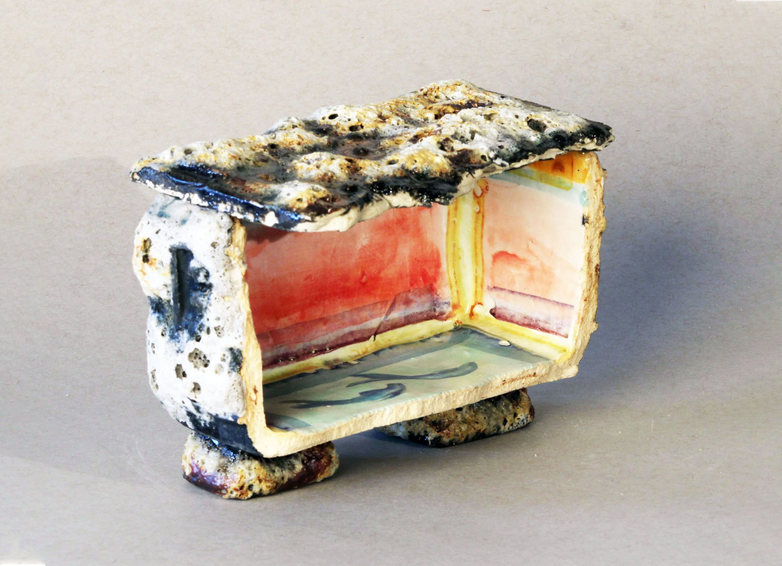   Box Fragment: Red Wall and Pool,  2025 Stoneware, experimental glazes that include pumice dating to 79 AD, ceramic decal prints made from original watercolor paintings Approx. 8 x 6 x 4 inches   
