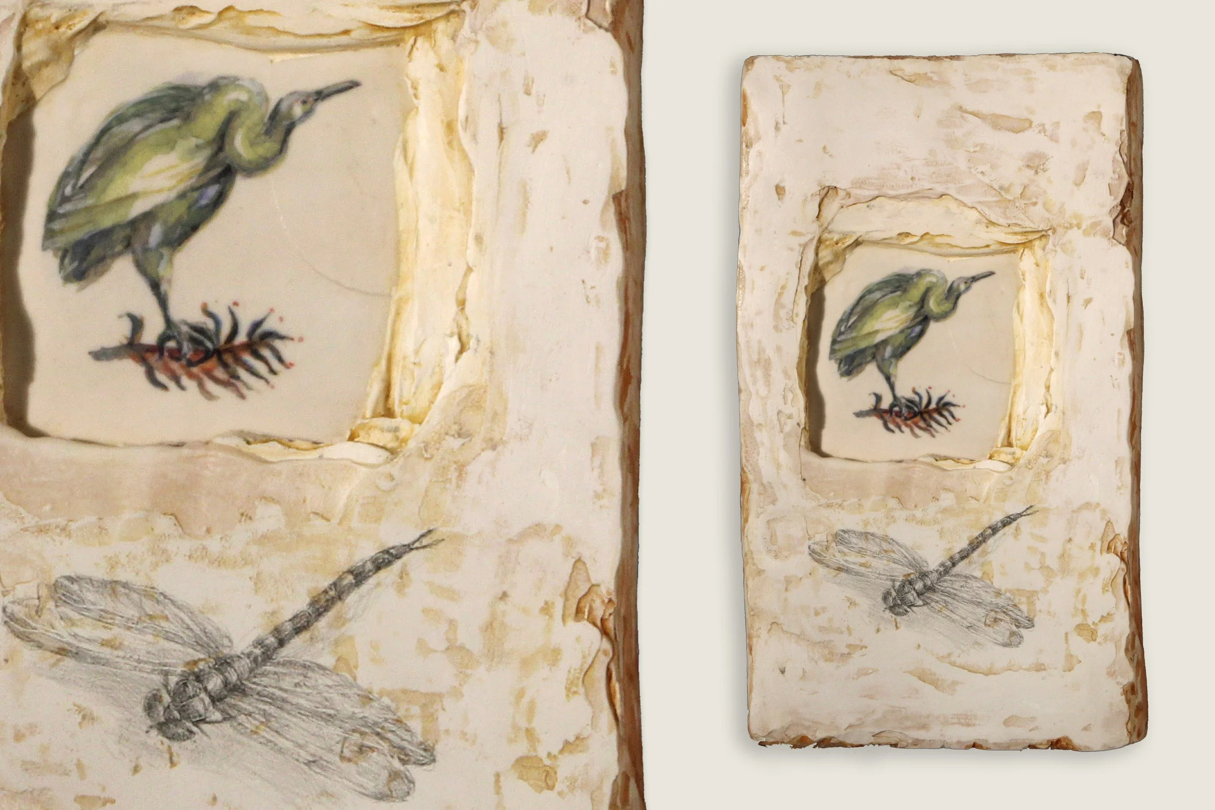 The Ruin, with Bird and Dragonfly , 2025 Stoneware, glaze, decal, watercolor, Plaster-of-Paris, acrylic and pencil Approx. 7 x 12 x 1.5 inches