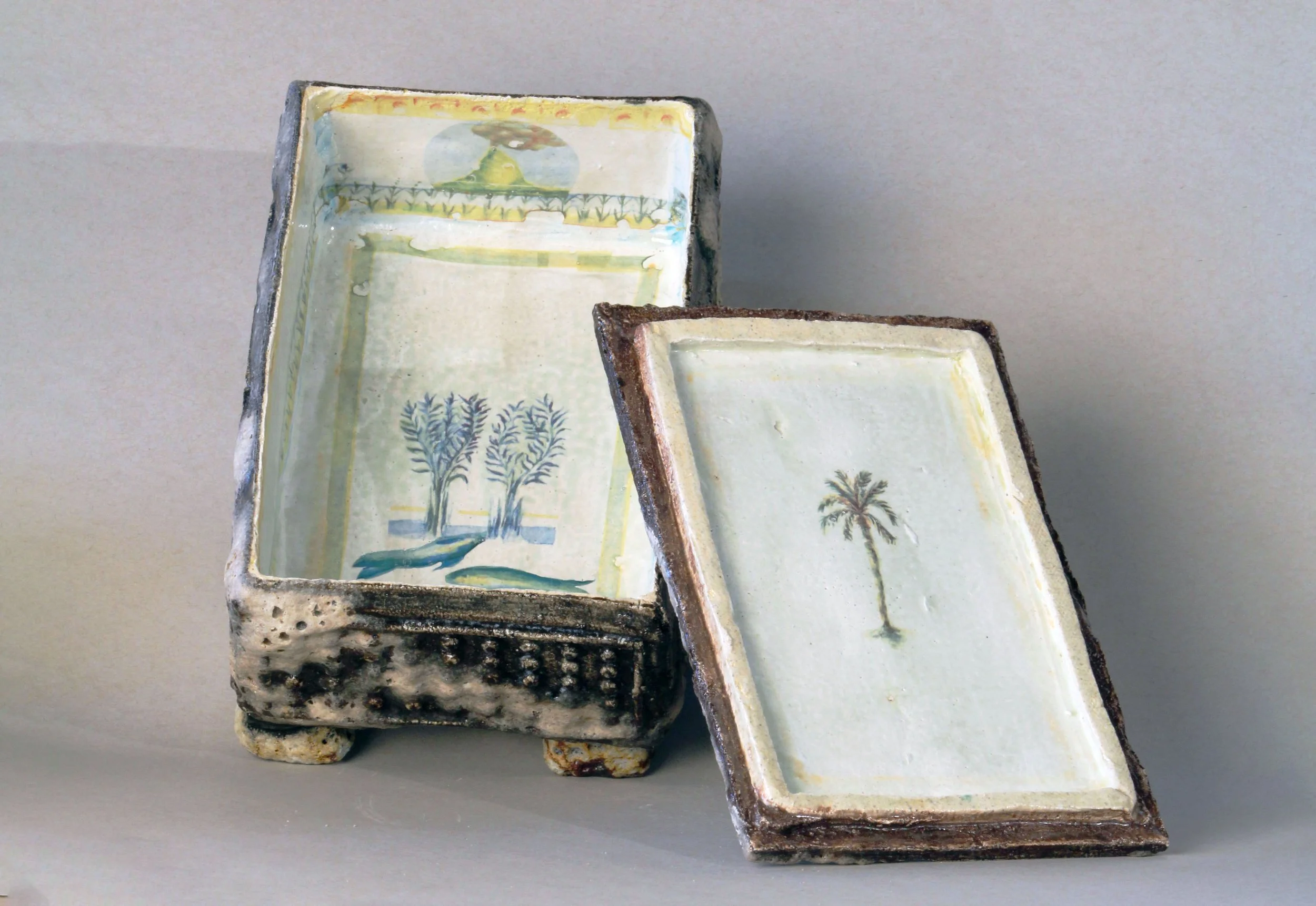   Open Box with Lid,  2025 Stoneware, experimental glazes that include pumice dating to 79 AD, ceramic decal prints made from original watercolor paintings Approx. 8 x 6 x 4 inches   
