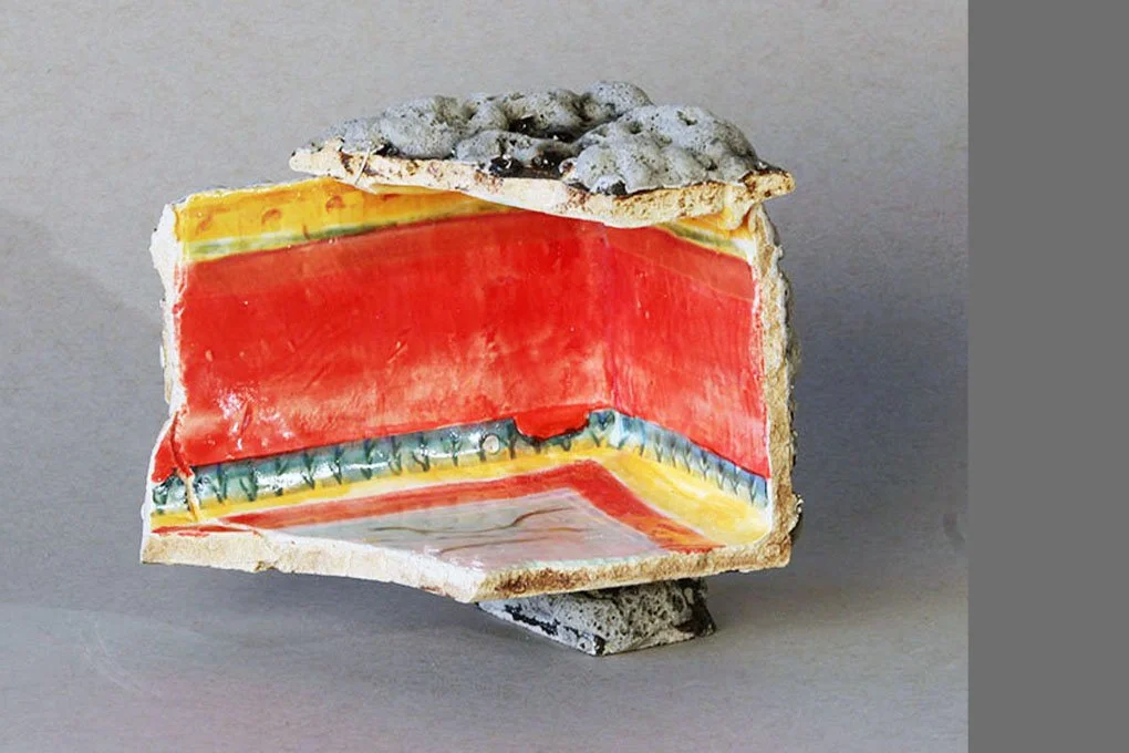   Box Fragment: Red Wall and Pool,  2025 Stoneware, experimental glazes that include pumice dating to 79 AD, ceramic decal prints made from original watercolor paintings Approx. 8 x 2 x 4 inches   