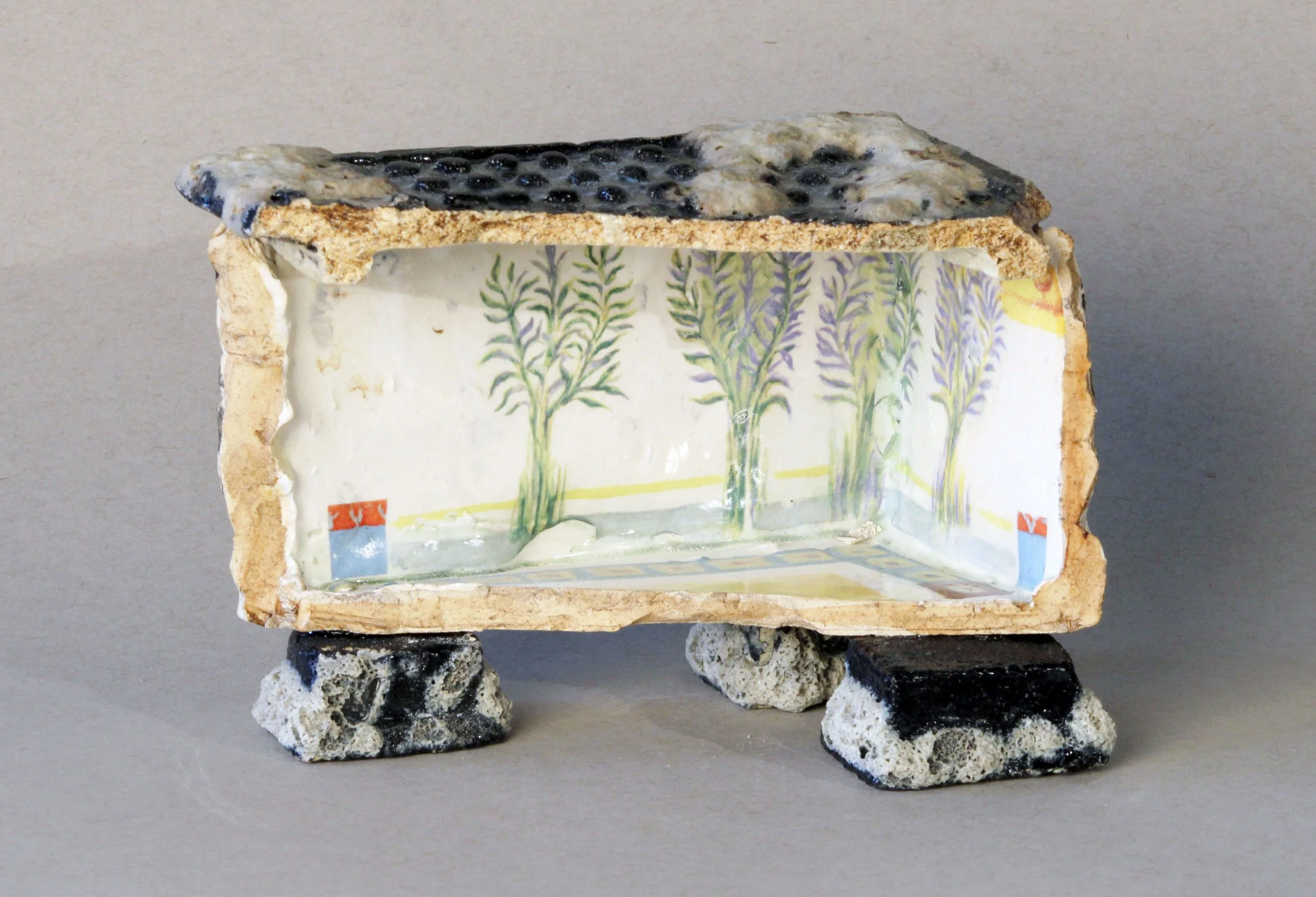   Box Fragment: Ferns and Pool,  2025 Stoneware, experimental glazes that include pumice dating to 79 AD, ceramic decal prints made from original watercolor paintings Approx. 8 x 2 x 4 inches   