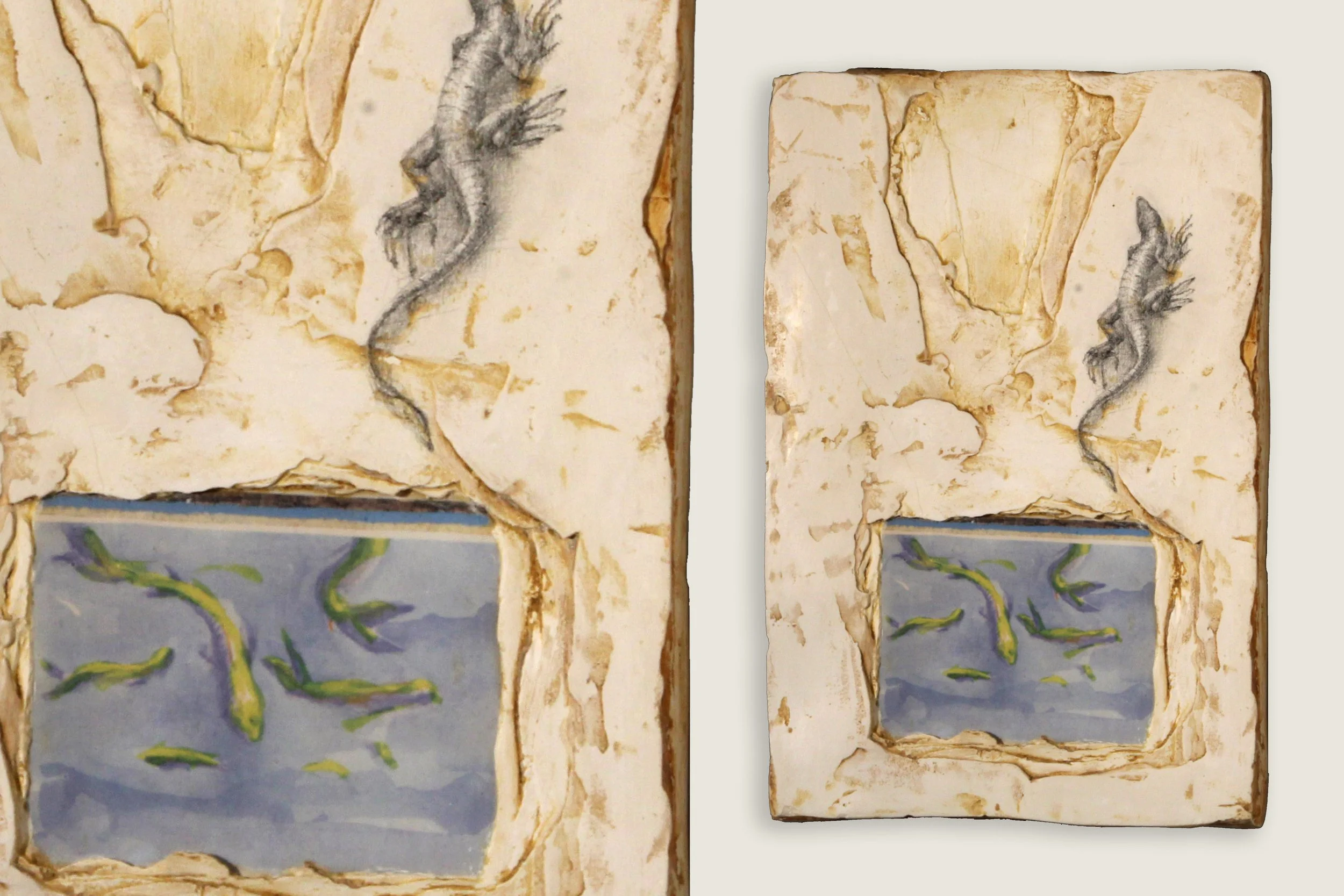 The Ruin, with Fish and Lizard , 2025 Stoneware, glaze, decal, watercolor, Plaster-of-Paris, acrylic and pencil Approx. 7 x 12 x 1.5 inches