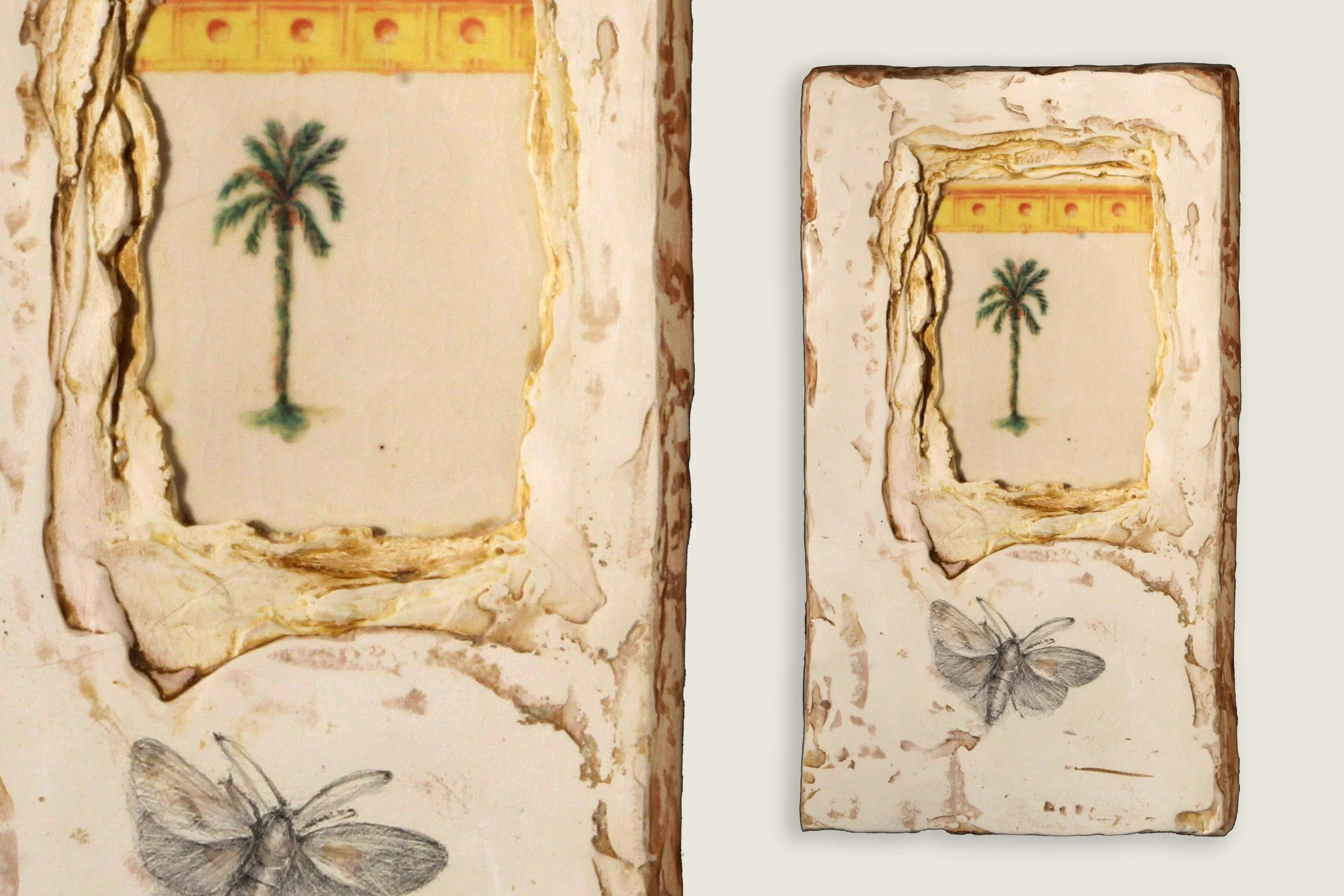 The Ruin, with Palm Tree and Moth , 2025 Stoneware, glaze, decal, watercolor, Plaster-of-Paris, acrylic and pencil Approx. 7 x 12 x 1.5 inches