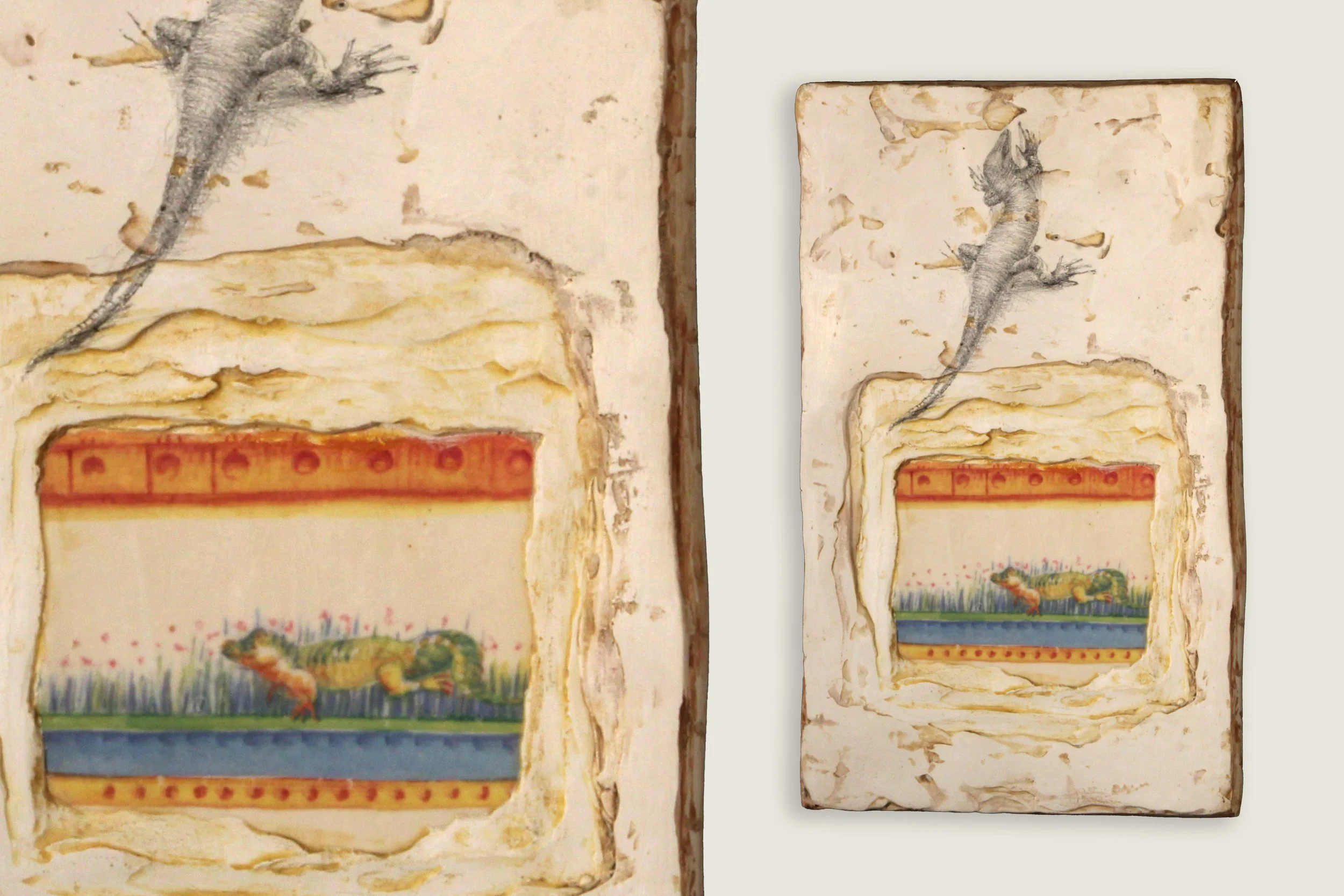 The Ruin, with Crocodile and Lizard , 2025 Stoneware, glaze, decal, watercolor, Plaster-of-Paris, acrylic and pencil Approx. 7 x 12 x 1.5 inches