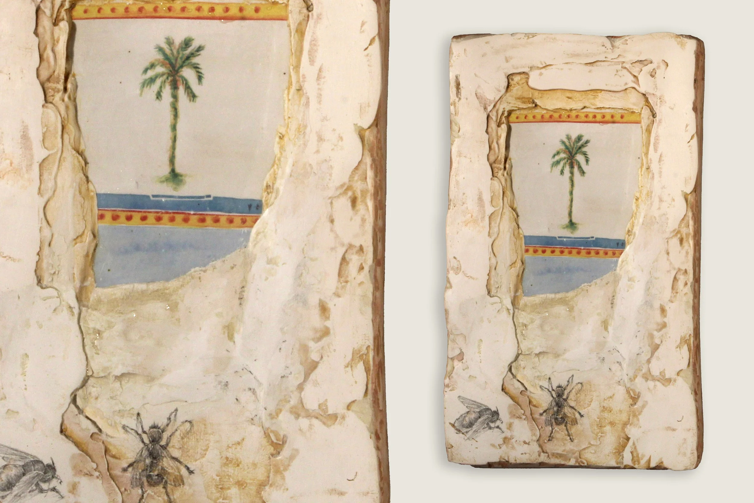 The Ruin, with Palm Tree and Flies , 2025 Stoneware, glaze, decal, watercolor, Plaster-of-Paris, acrylic and pencil Approx. 7 x 12 x 1.5 inches