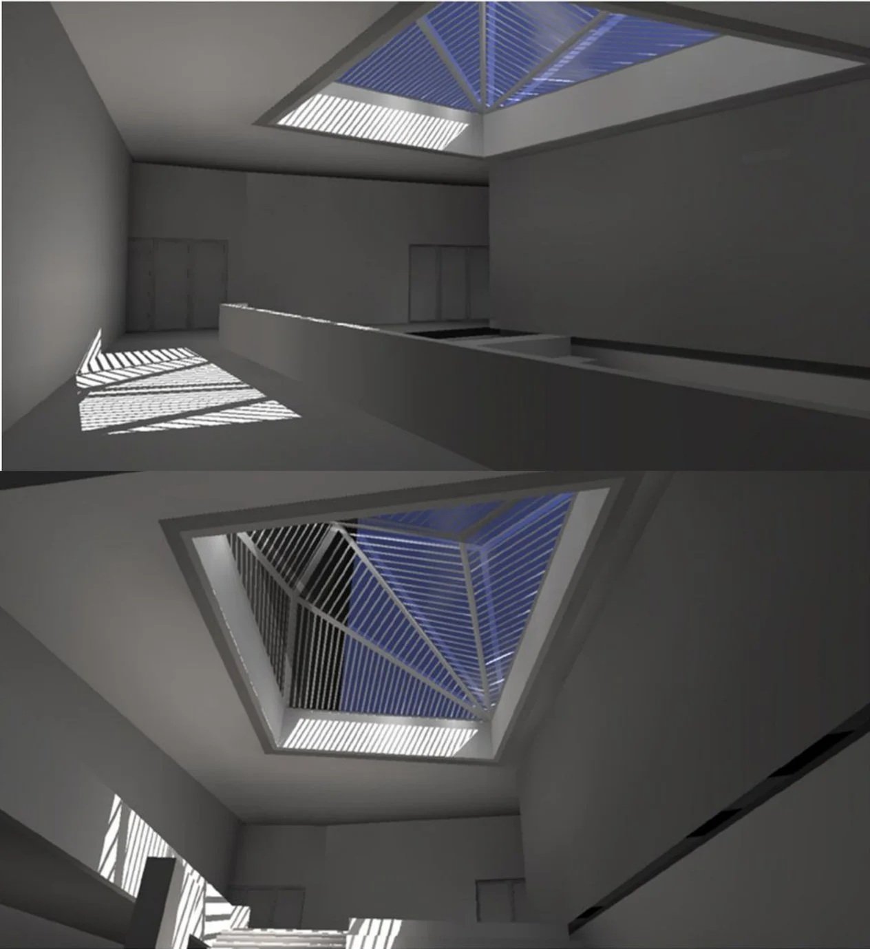 Interior view of a modern building with skylights and geometric shadows, showing two perspectives of a rooftop or balcony area.