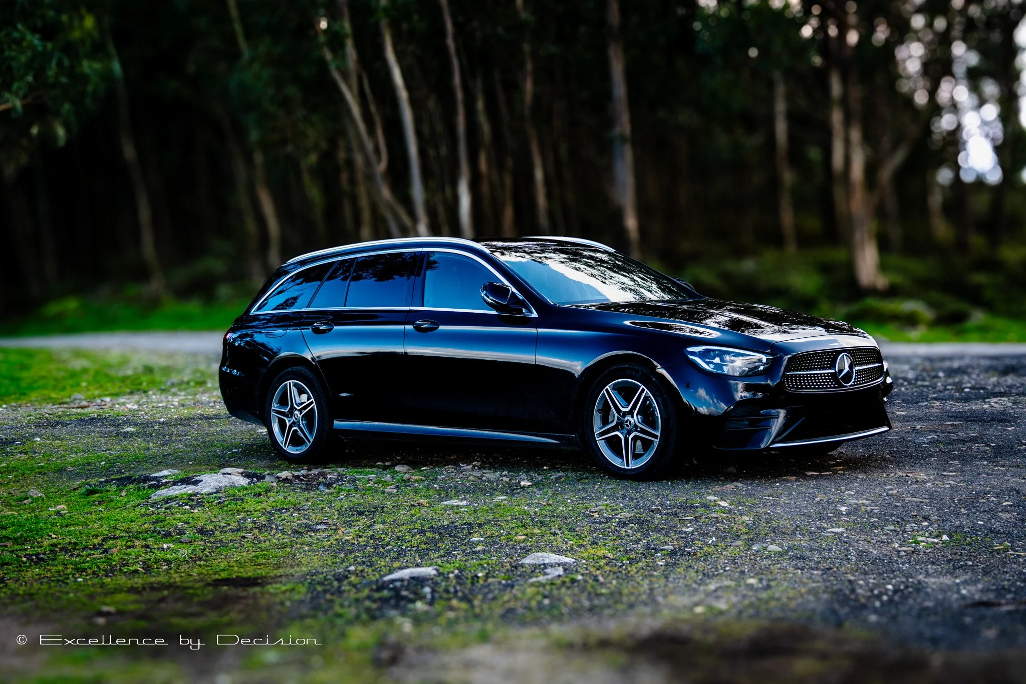 Black Mercedes-Benz station wagon parked outdoors with trees in the background.