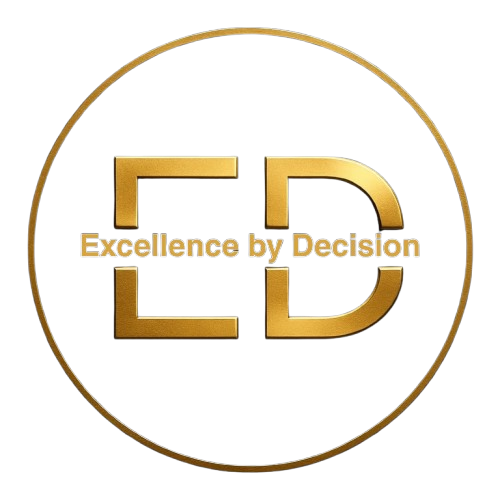 Golden logo with large letters 'LD' and the text 'Excellence by Decision' inside a black circle with a gold outline.