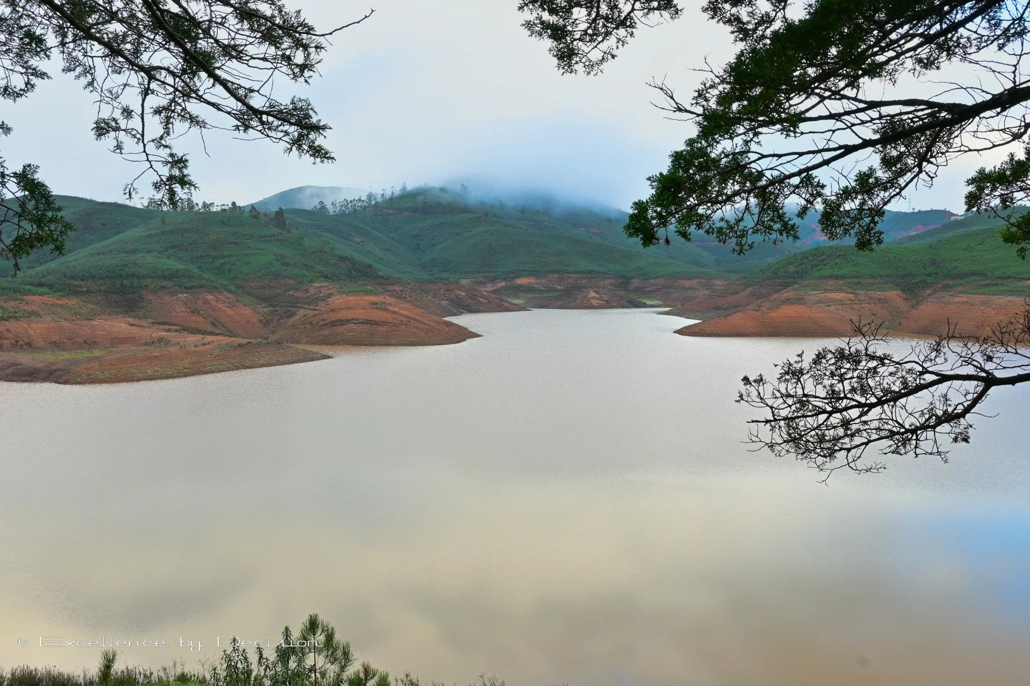 Scenic view of a serene lake surrounded by green hills with misty clouds, framed by tree branches.