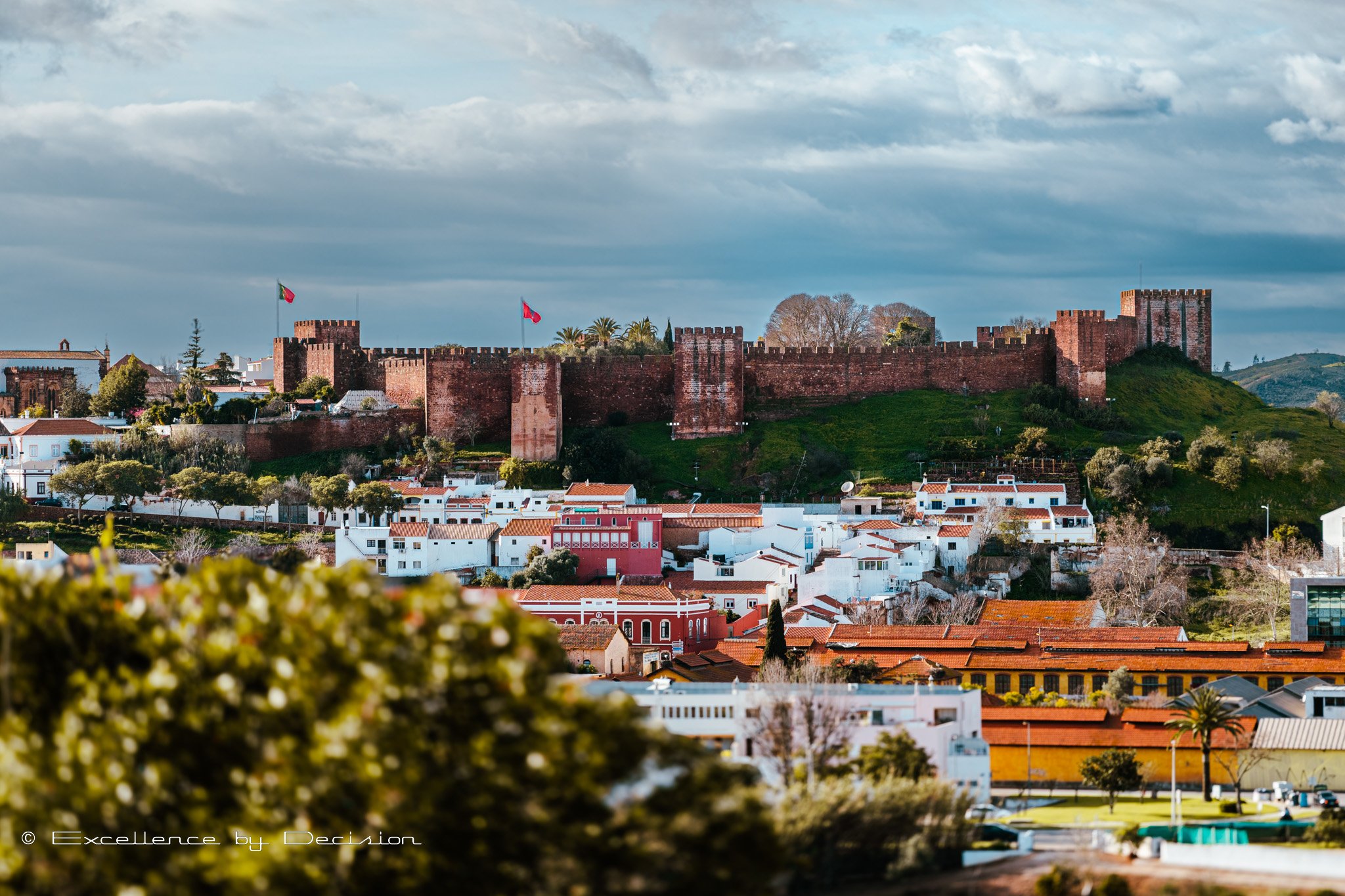 Panoramic view of a historic castle on a hill, surrounded by lush greenery and flags, overlooking a town with colorful buildings.