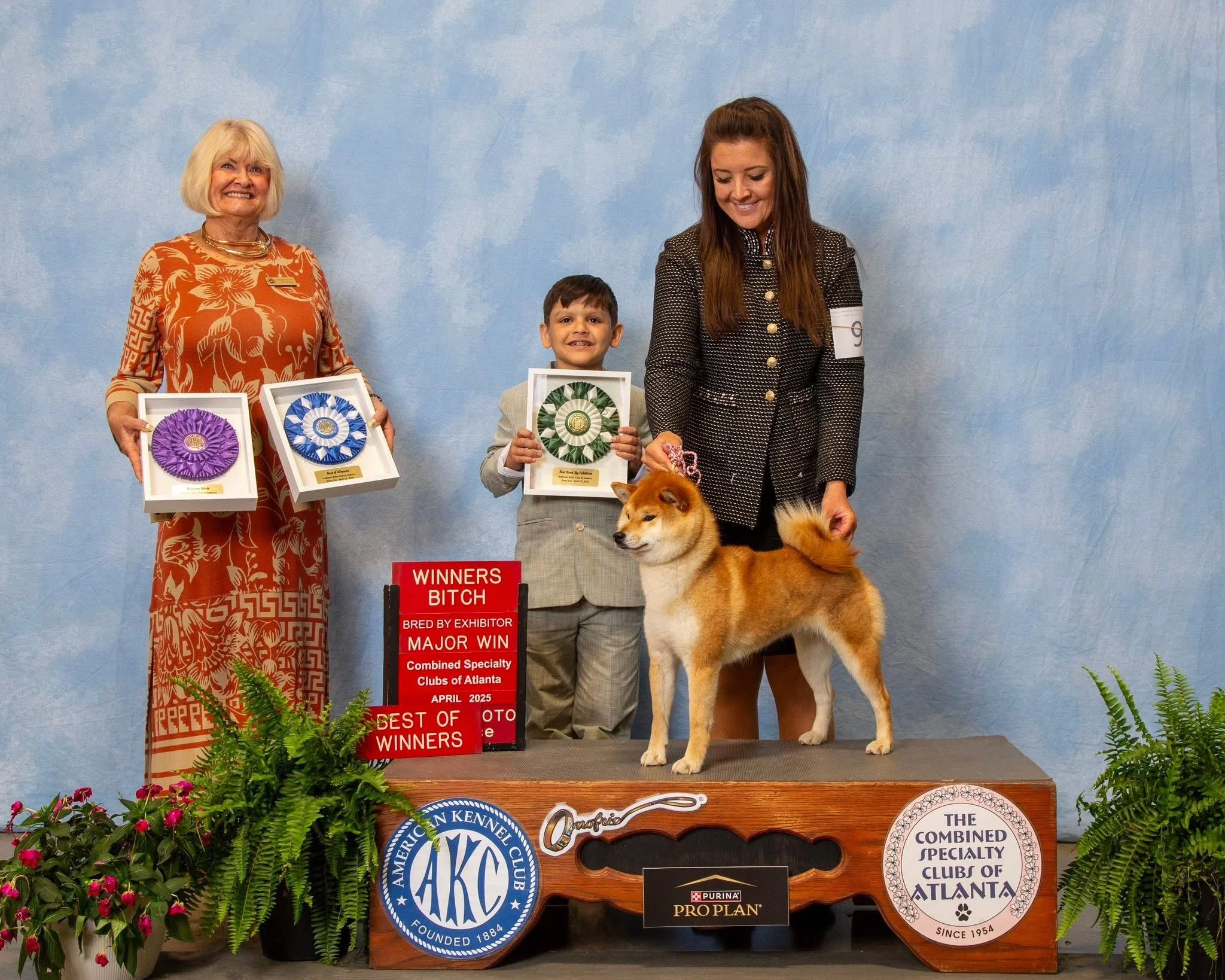 Three people on a podium with a dog, holding ribbons and awards at a dog show. The woman on the left is wearing an orange floral dress, the boy in the middle is in a beige blazer, and the woman on the right is in a black patterned blazer. There are plants and banners, including one with the text "Best of Winners" and "Combined Specialty Clubs of Atlanta."