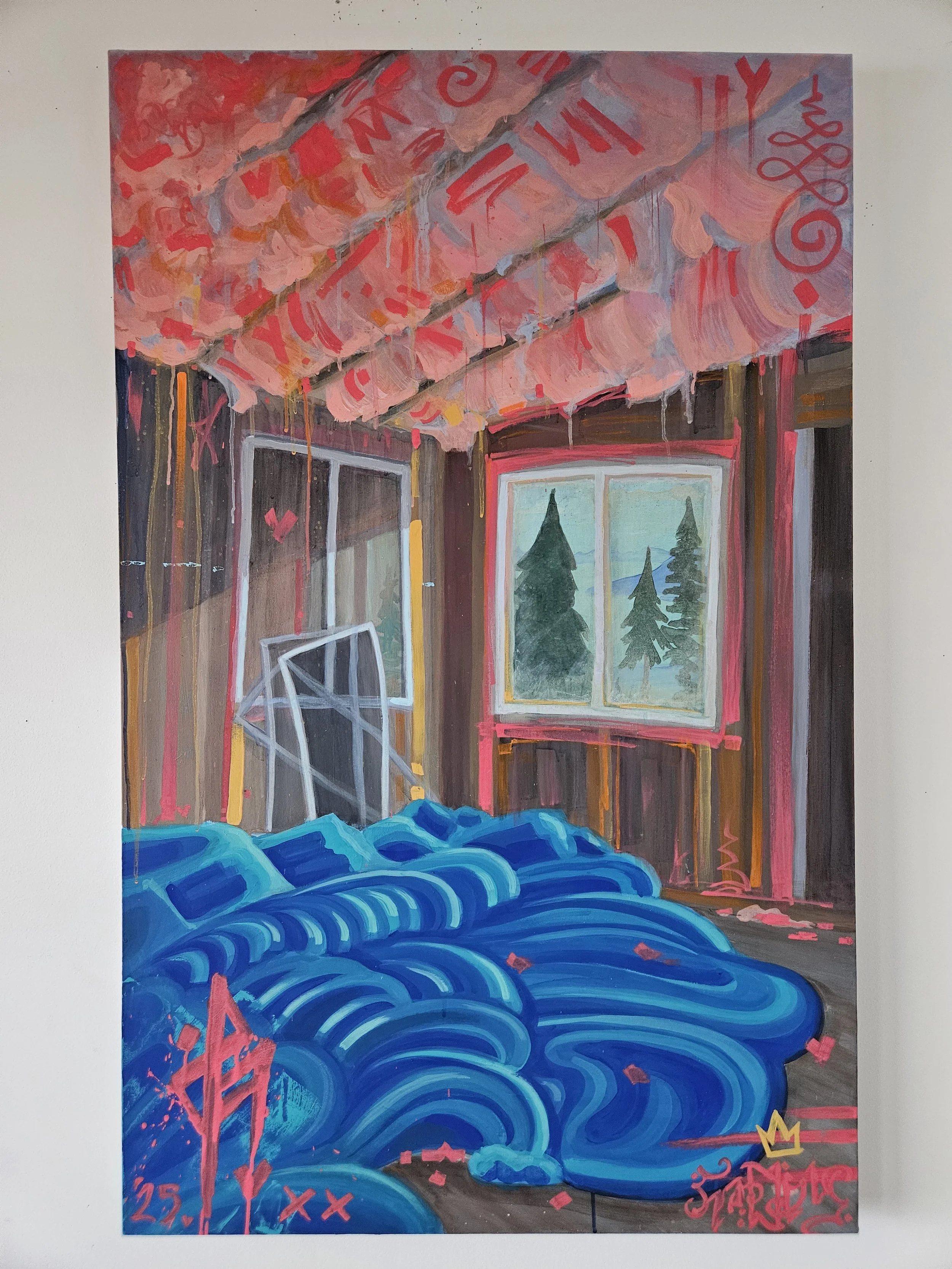 Limerence acrylic painting by Harmony, abandoned house interior with a view of trees