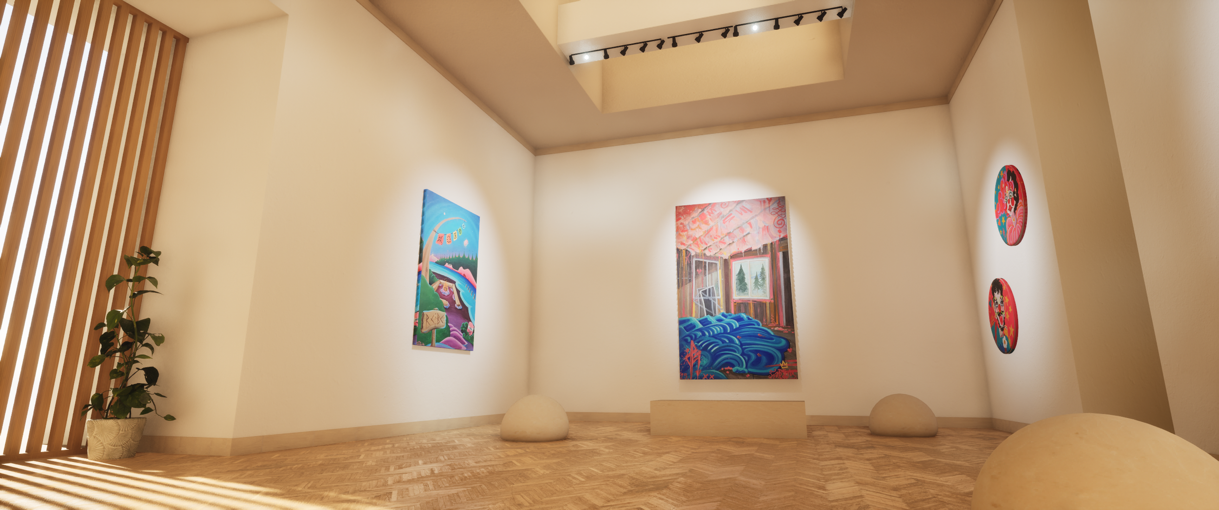 An art gallery showcasing paintings on white walls, wooden floors, and a plant in a woven basket near a slatted wooden wall. There are three large paintings and two circular artworks on the right wall, with spotlights illuminating the artworks.