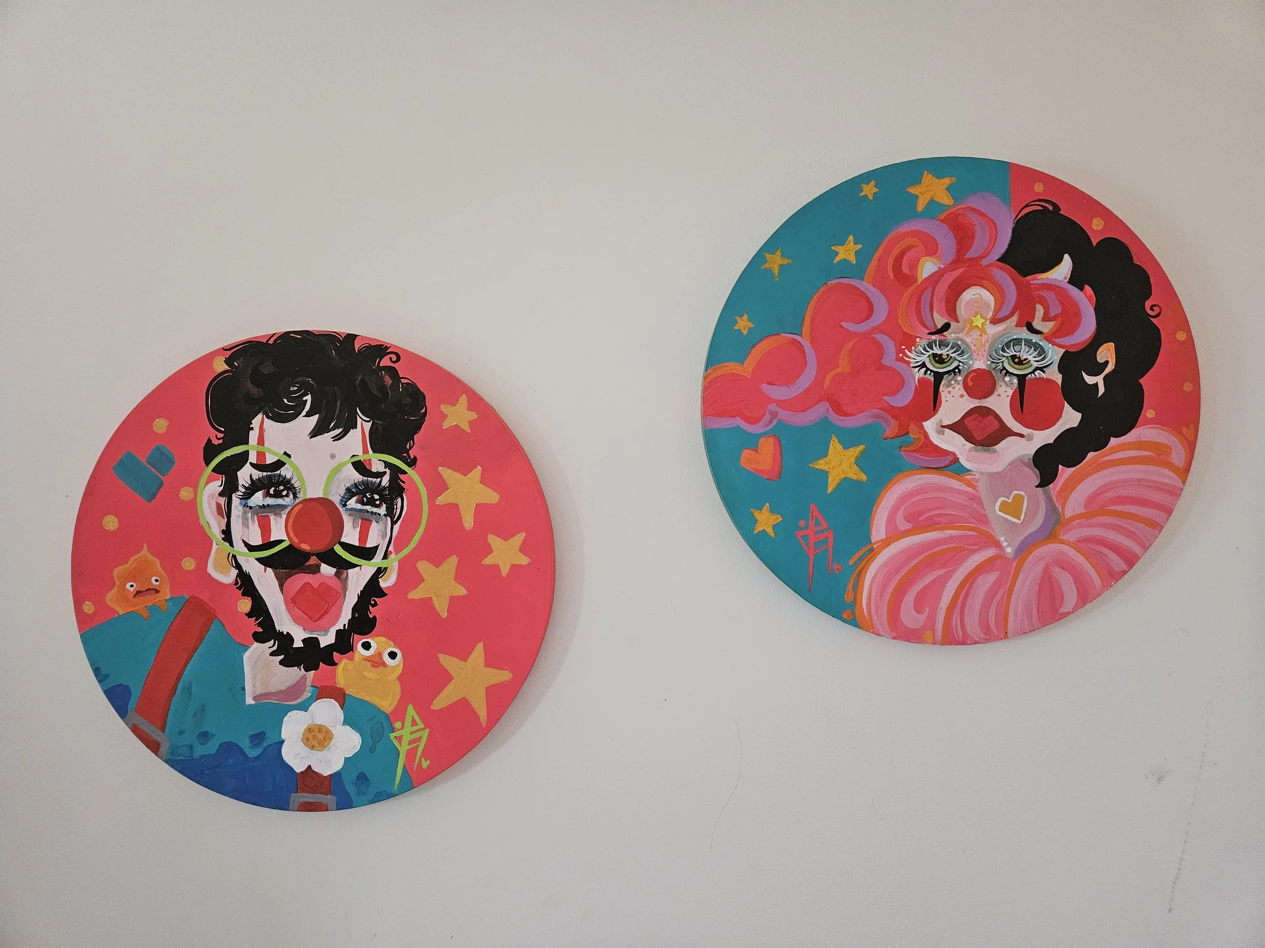 Lickety-Splits and Tickety-Boo clown portrait diptych by Harmony