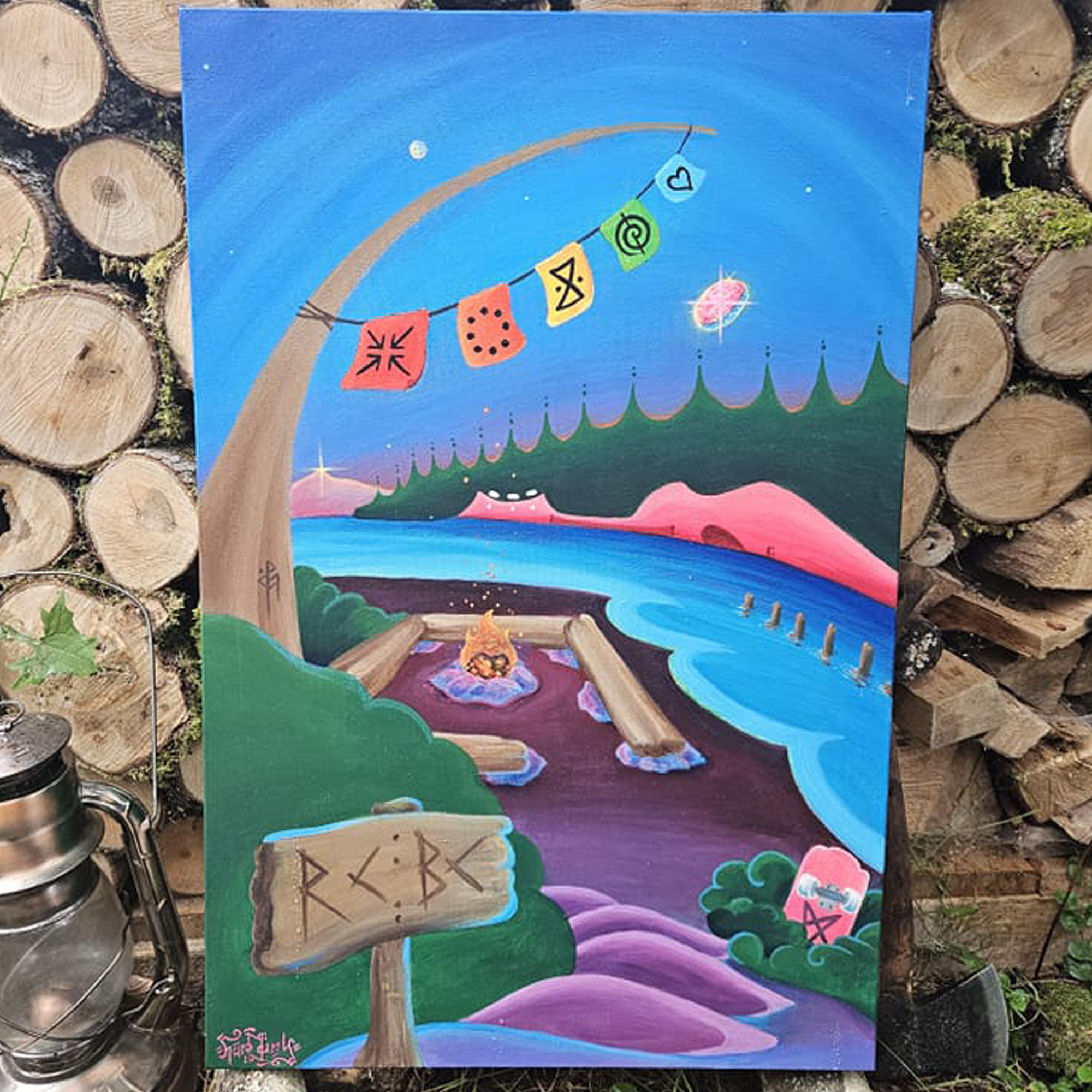 RCBC acrylic painting by Harmony, a Roberts Creek night scene with lesson flags