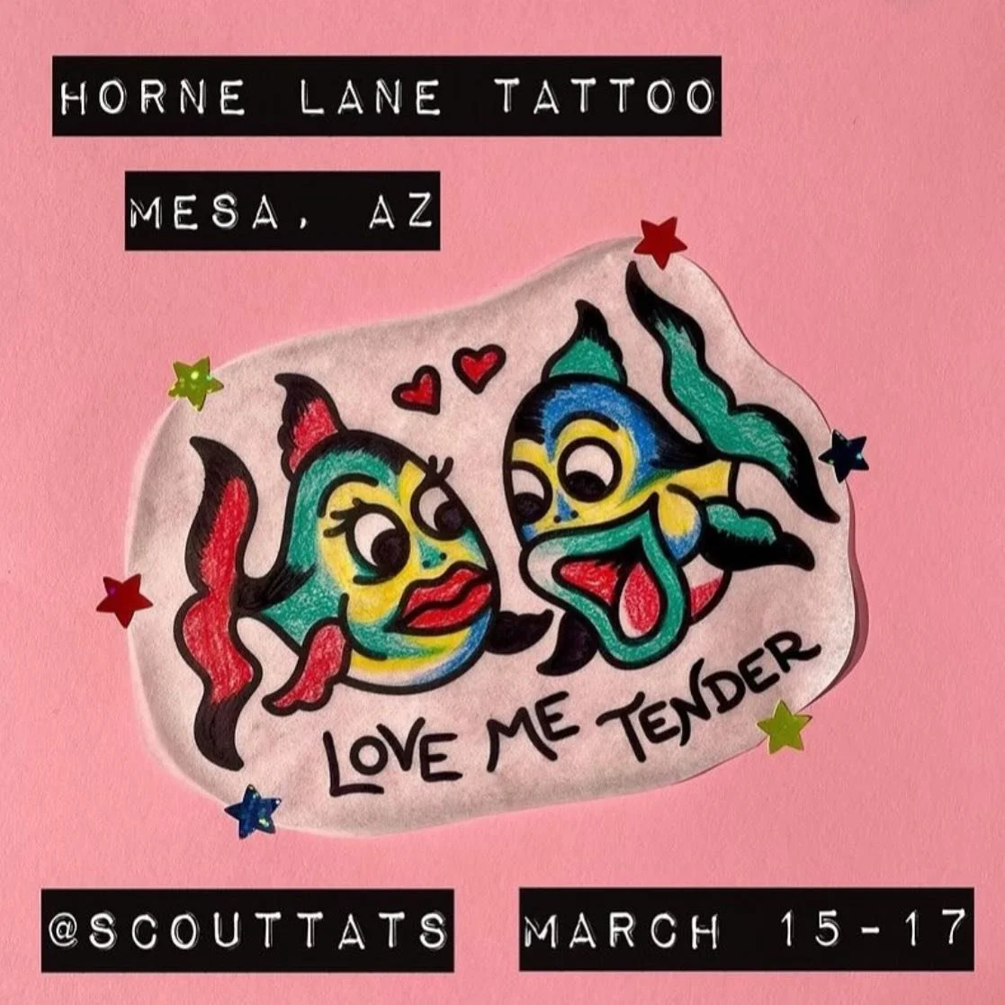 @scouttats @scouttats will be with us this upcoming week for a couple days including the shop party and event! Message directly to book&hellip; amazing tattooer, come collect something cool and enjoy the vibes! @hornelanetattoo_mesa 
@hornelanetattoo