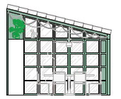 ilustración de un invernadero grande con estructura de vidrio y marcos metálicos, rodeado de vegetación y plantas en su interior