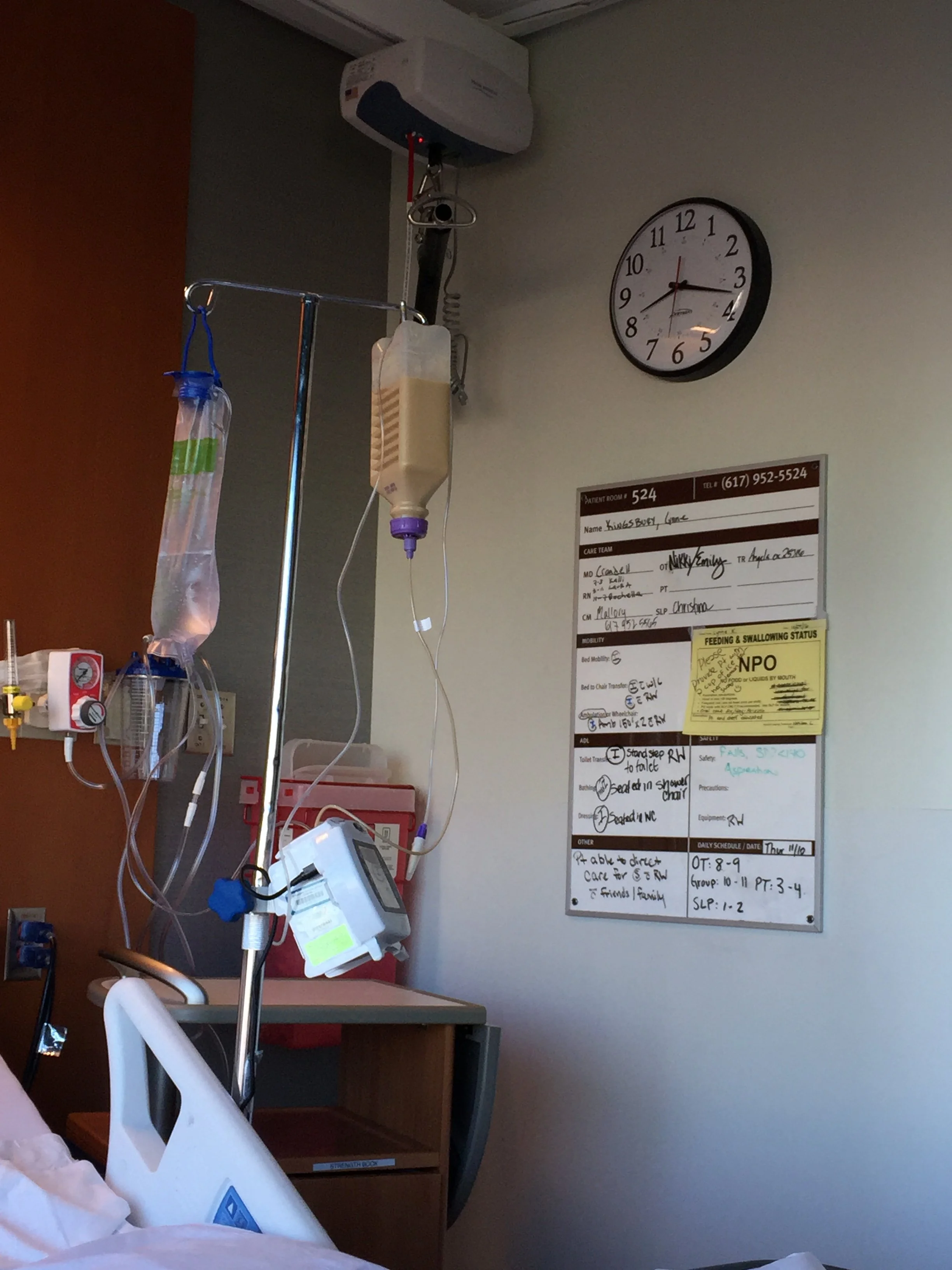 My nemesis:  the feeding tube.  It ran 23 hours a day, and I often vomited as my body tried to adjust to this new form of sustenance acquisition.
