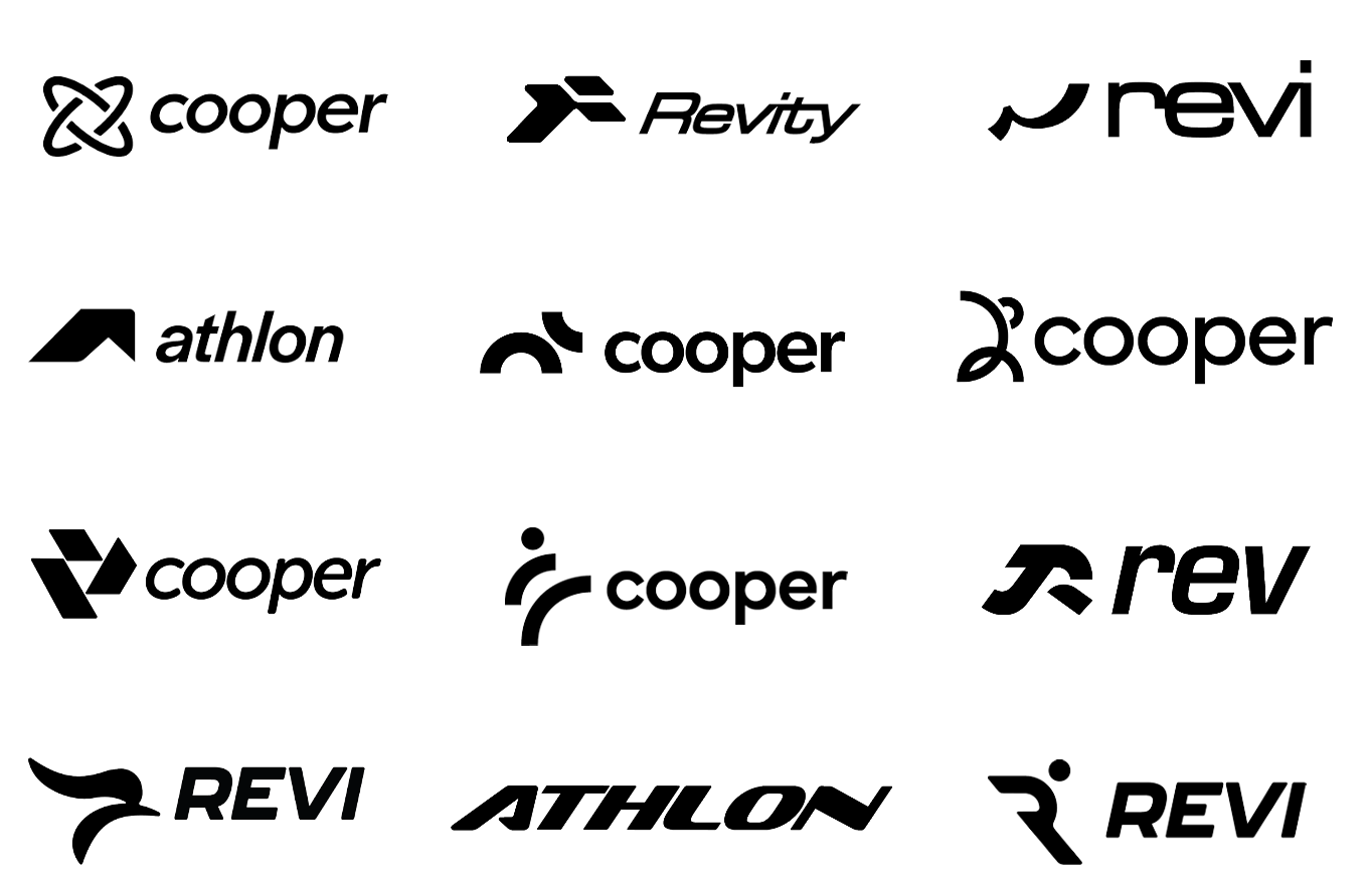 Collection of twelve black and white logos for Coopers, Revity, Revi, Athlon, and different stylized versions of Cooper, Rev, and Athlon brands.