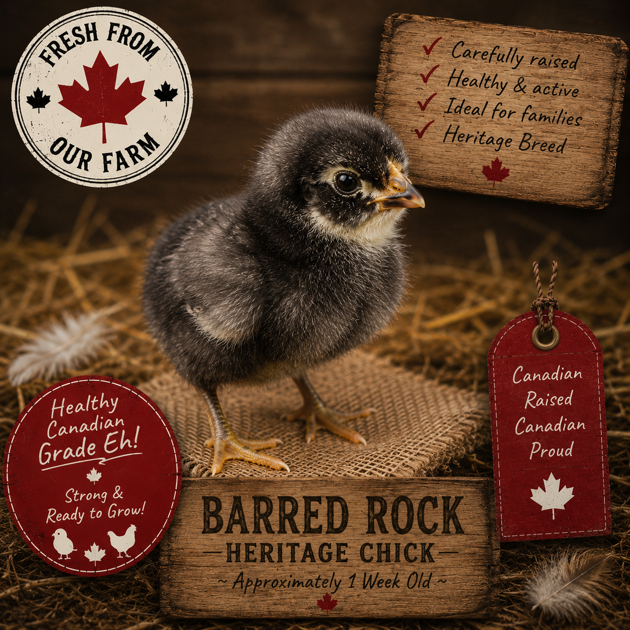 A chick standing on a straw-covered surface with a wooden sign and various labels around it, promoting Canadian heritage and quality.