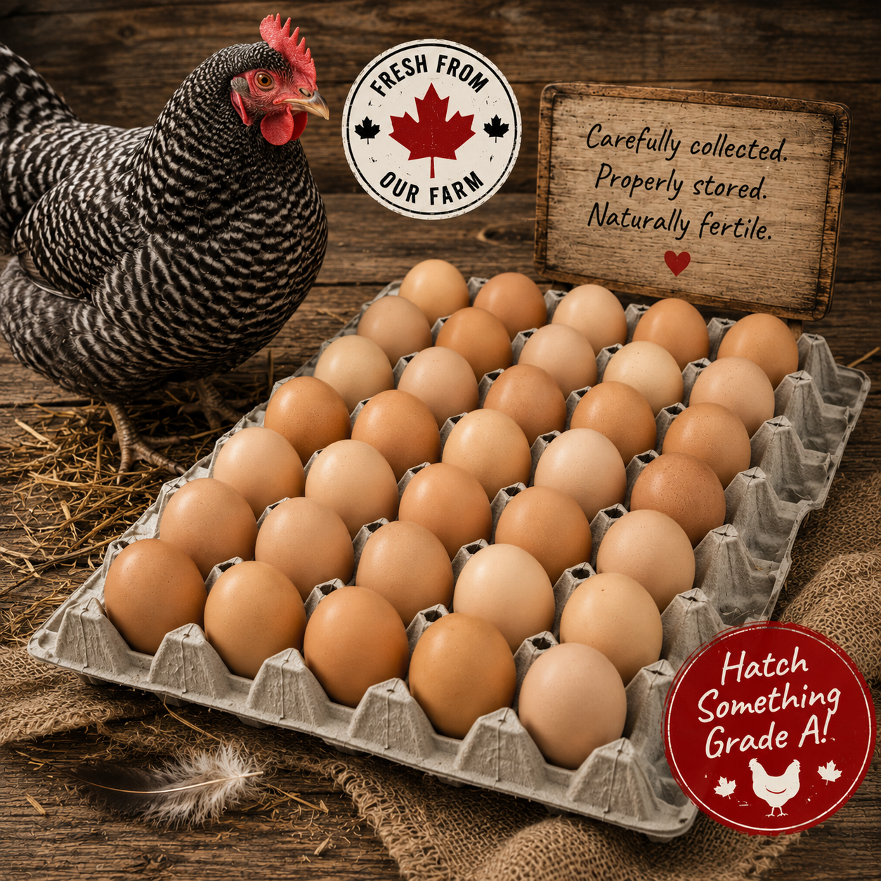 A hen standing next to a carton of brown eggs on a rustic wooden surface with a wooden sign and a leaf print. The sign reads, "Carefully collected. Properly stored. Naturally fertile." and another red circle sign says, "Hatch Something Grade A!" with a chicken and maple leaf icons.
