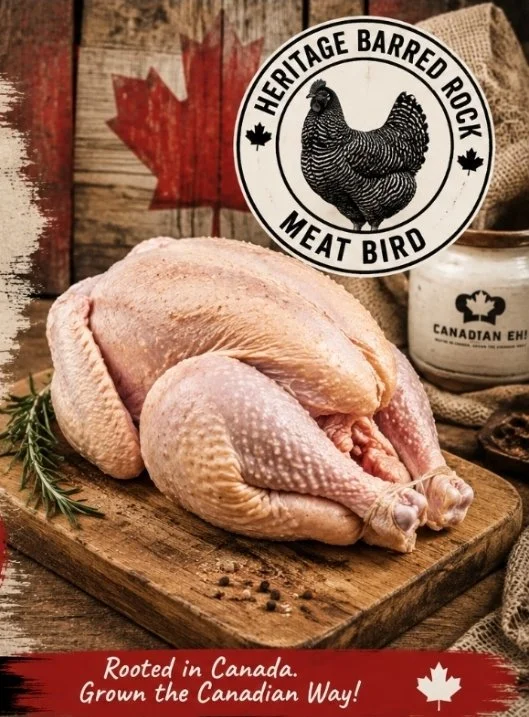 Raw whole chicken on a wooden cutting board with rosemary and pepper, Canadian flag in the background, and a package labeled 'Heritage Barred Rock Meat Bird.'