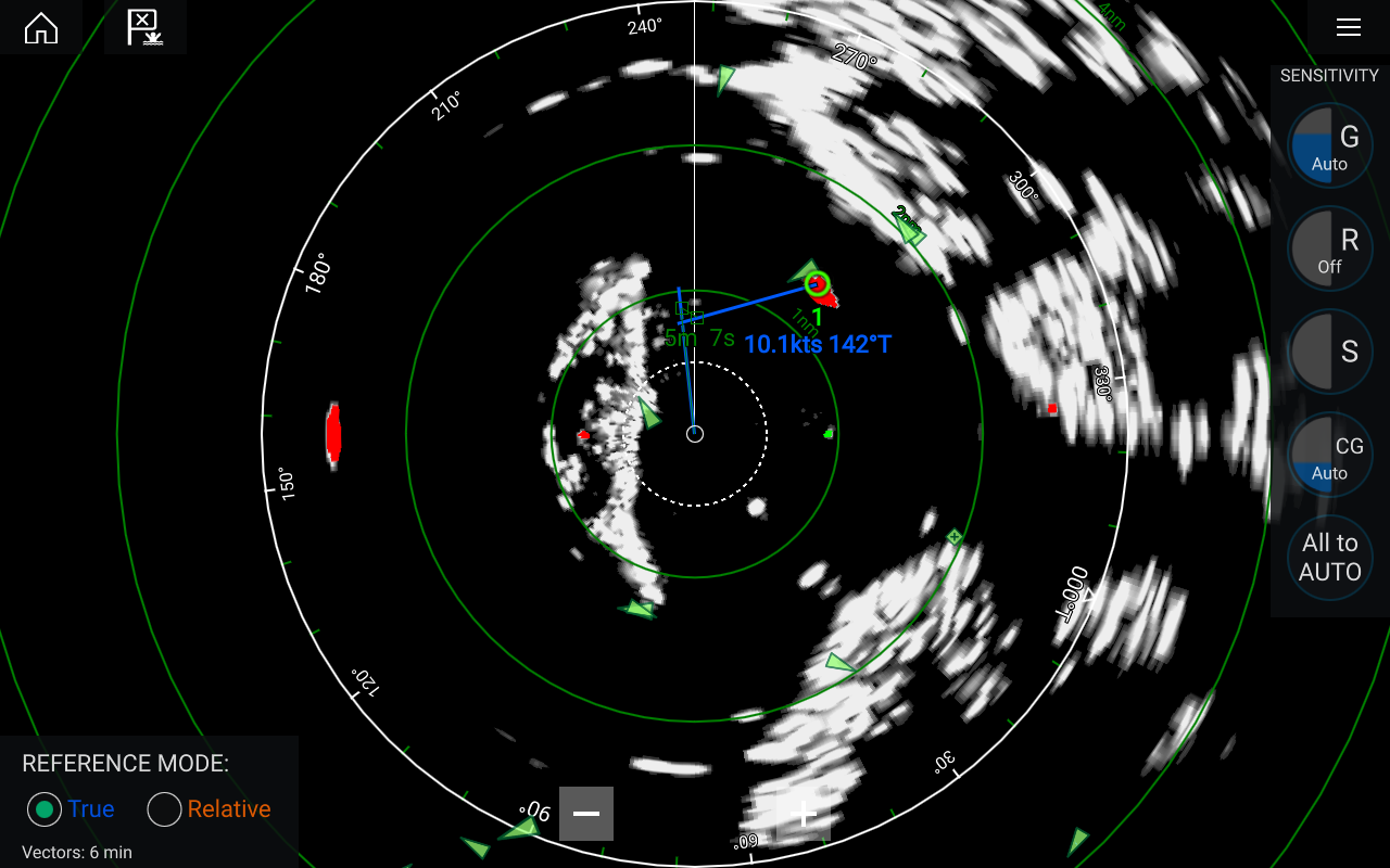 Radar screen showing weather patterns with storm cells and radar blips, indicating approaching weather conditions.
