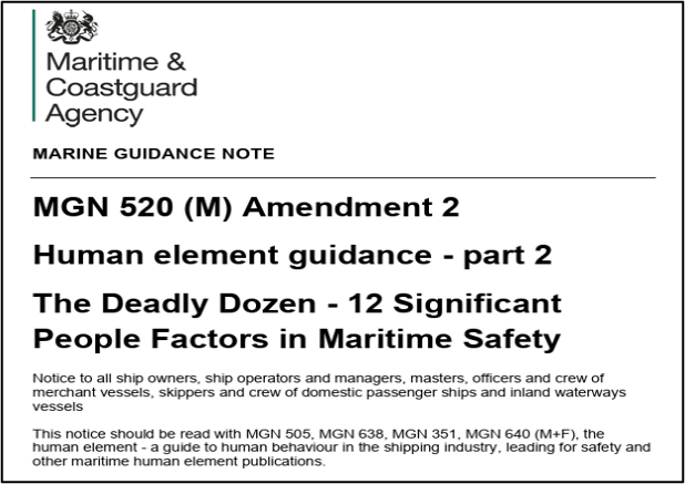 Maritime & Coastguard Agency Marine Guidance Note titled 'MGN 520 (M) Amendment 2' about Twelve Significant People Factors in Maritime Safety for ship owners, operators, and crew.