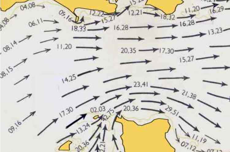 A weather map showing wind patterns over the ocean, with arrows indicating wind direction and numbers representing wind speeds in knots.