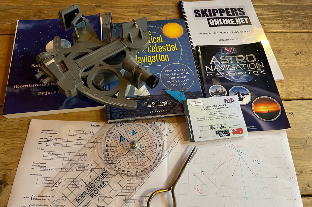 Navigation tools and charts for celestial navigation, including a plastic octant, navigation books, a sight reduction table, a plotting sheet, a plotting protractor, and a course instruction card.