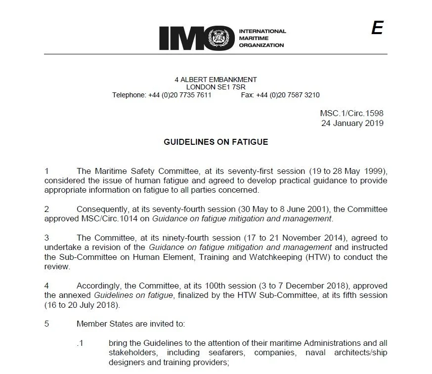 A document titled 'Guidelines on Fatigue' from the International Maritime Organization, dated January 24, 2019, outlining the history and key points regarding fatigue management guidelines for maritime safety