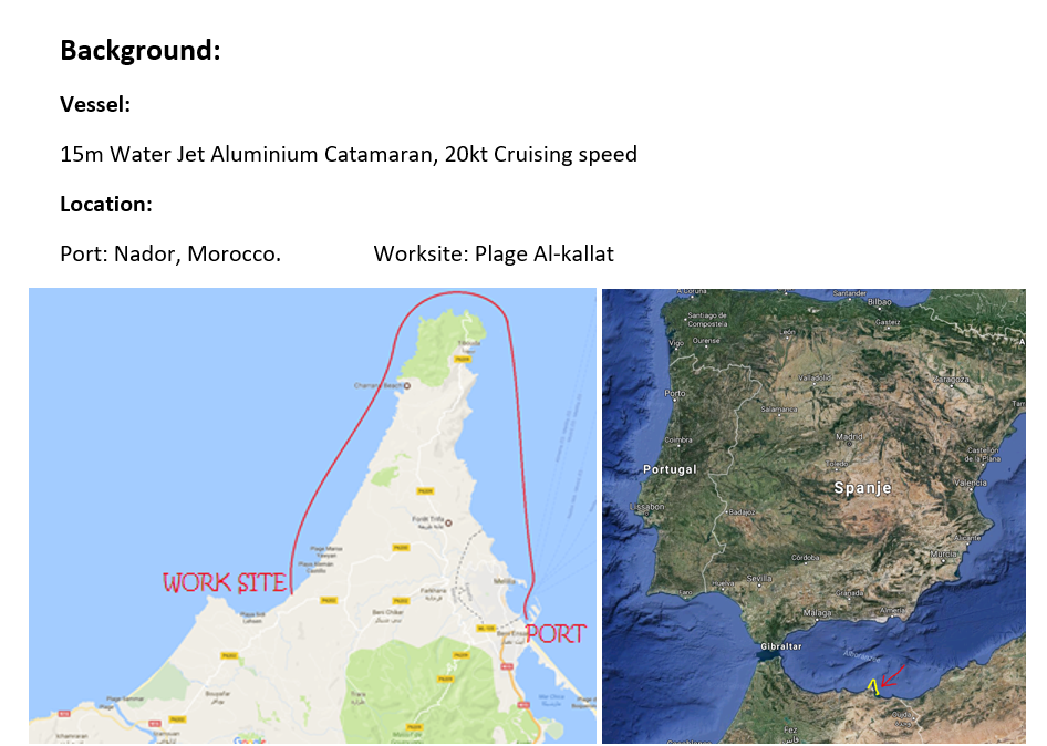 Map of Nador, Morocco showing a designated work site along the coast and a vessel route for a water jet aluminium catamaran with a cruising speed of 20 knots.
