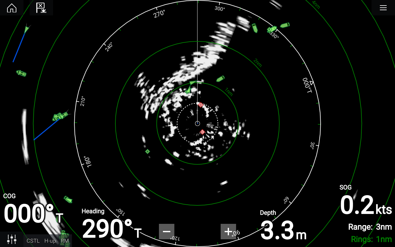 Marine radar screen displaying surrounding vessels and objects, directional heading at 290 degrees, speed at 0.2 knots, depth 3.3 meters, range 3 nautical miles, and various targets marked around the radar