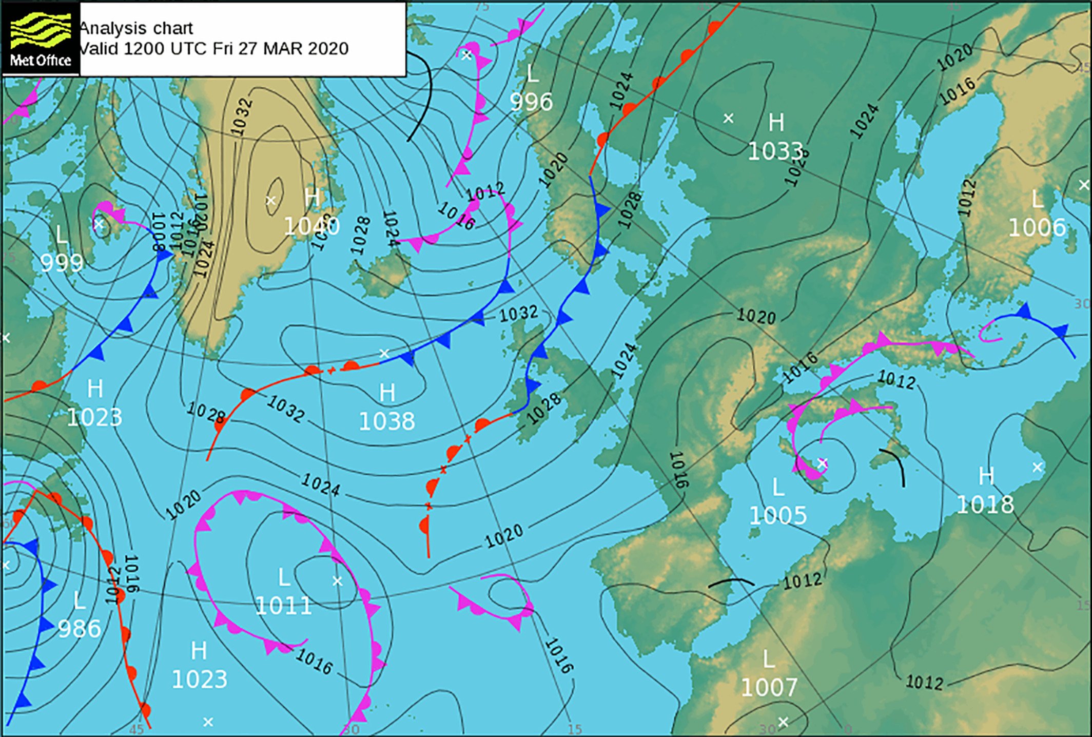 A detailed weather analysis chart showing pressure systems, fronts, and weather patterns over Europe, Asia, and North Africa, dated March 27, 2020.