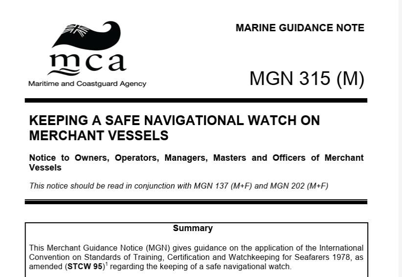 Maritime guidance note titled "Keeping a Safe Navigational Watch on Merchant Vessels" issued by the Maritime and Coastguard Agency, with their logo featuring a black whale and British flag.