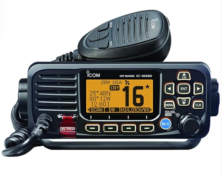 A marine VHF radio with a display screen, buttons, and microphone attached.