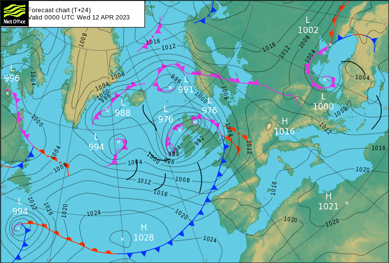Weather forecast chart showing low and high-pressure systems, fronts, and isobars over the Atlantic Ocean and parts of Europe and North Africa