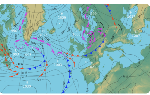 A weather map showing various pressure systems, weather fronts, and isobars across North America and Atlantic regions, with markings for high and low-pressure areas.