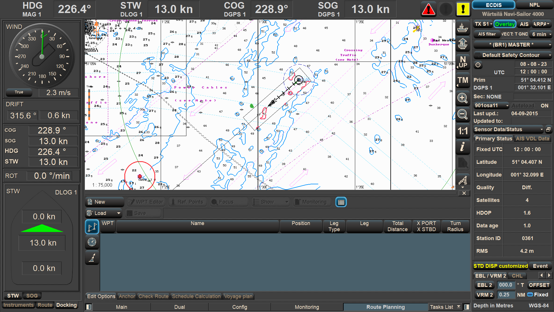 Marine navigation chart displayed on a nautical software system, showing boat route, weather data, and navigational details, overlaid with various instruments and readings.