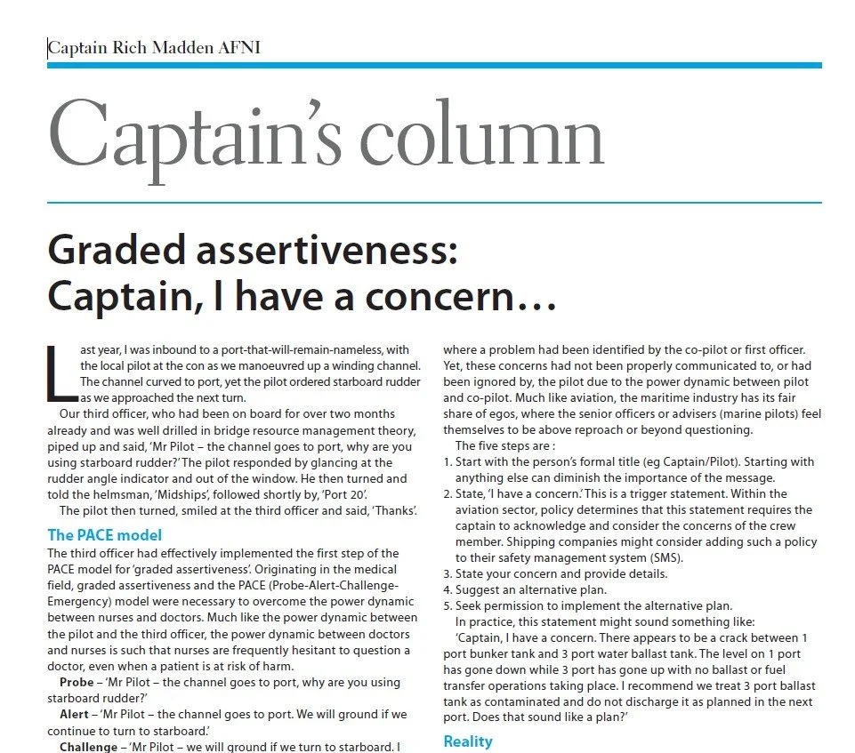 Page from a publication titled "Captain's column" by Captain Rich Madden AFNI, discussing graded assertiveness procedures for pilots, including steps to communicate concerns effectively.