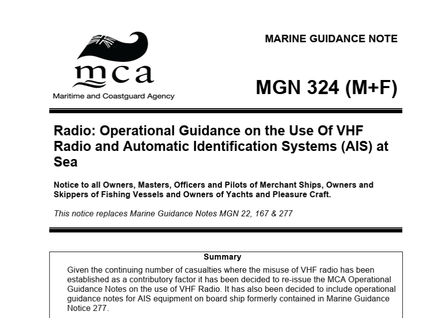 Cover page of Marine Guidance Note MGN 324, issued by the Maritime and Coastguard Agency, titled 'Radio: Operational Guidance on the Use Of VHF Radio and Automatic Identification Systems (AIS) at Sea.'