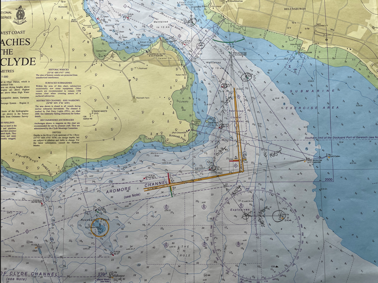 A nautical navigation chart of the West Coast, showing water depths, channels, navigational markers, and coastal landmarks near Clyde and Ardmore channels.
