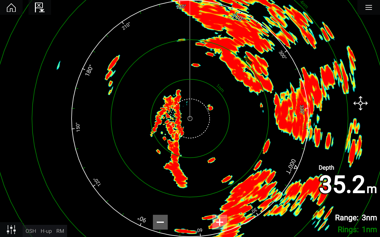 Marine radar display showing weather patterns, with red and yellow areas indicating rain or storms, and a depth reading of 35.2 meters on the right side.