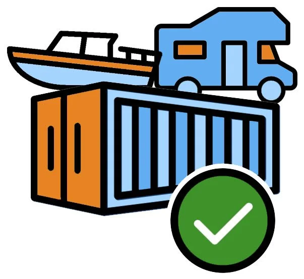 Boat RV and Storage Container Icon with white checkmark in green circle