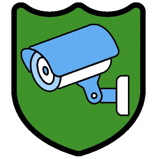 Blue Security camera within a green shield icon