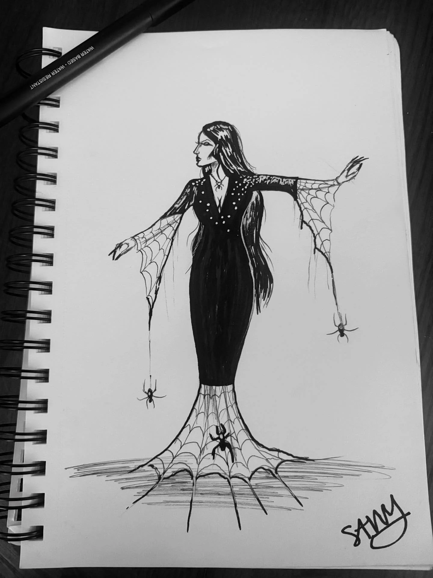 #inktober day 2: weave πΈοΈ I think if there was a goth Cinderella, she’d have spiders that helped her make her pretty dresses π·οΈ #art #savvyart #inktoberday2 #spiders #halloween #drawing #inkdrawing #fashiondrawing