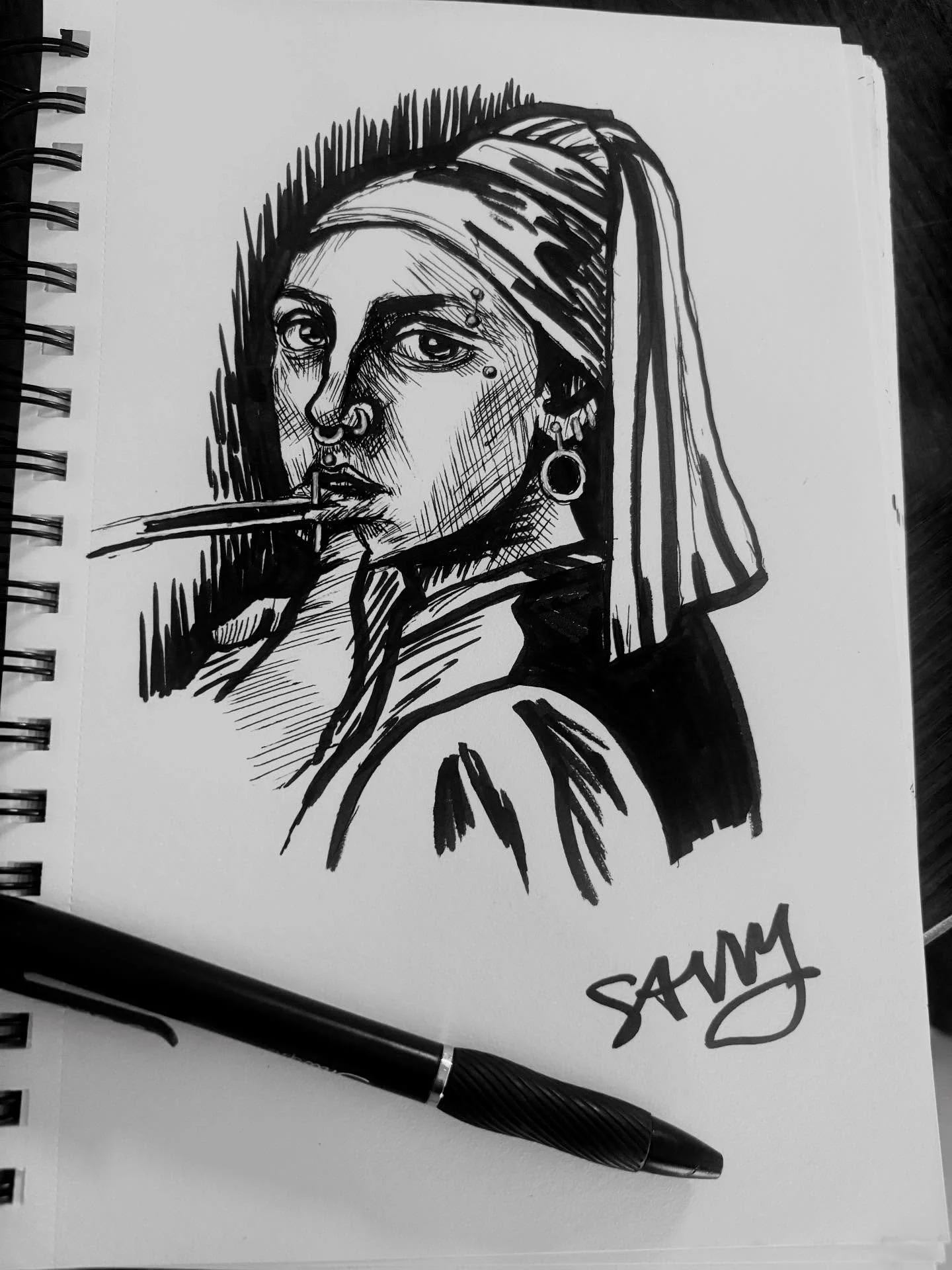 #inktober day 6: pierce! This is The Girl with the Pearl Lip Ring 🤪 #inktoberday6 @inktober #drawing #art #savvyart #piercing #girlwiththepearlearring #vermeer #pendrawing