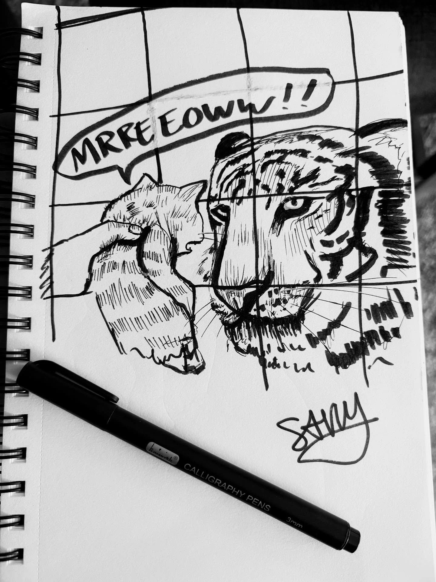 #inktober day 8: reckless. The kitten who stands off against the tiger đ¯ #inktoberday8 @inktober #drawing #art #savvyart #pendrawing