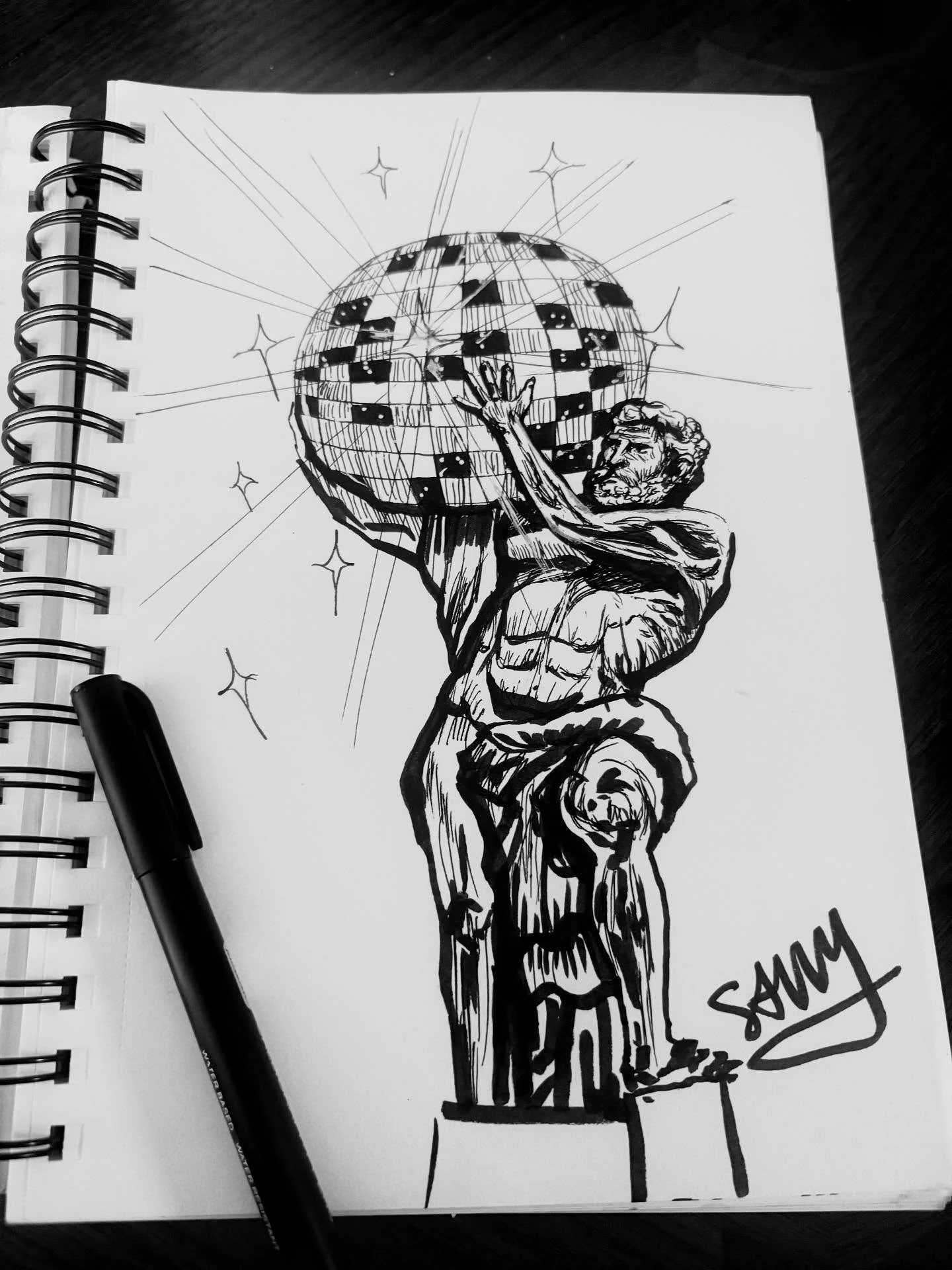 #inktober day 9: heavy. Heavy is the burden of carrying the life of the party đŽ‍đ¨đĨŗđĒŠ #inktoberday9 #pendrawing #drawing #atlas #discoball #art #savvyart @inktober
