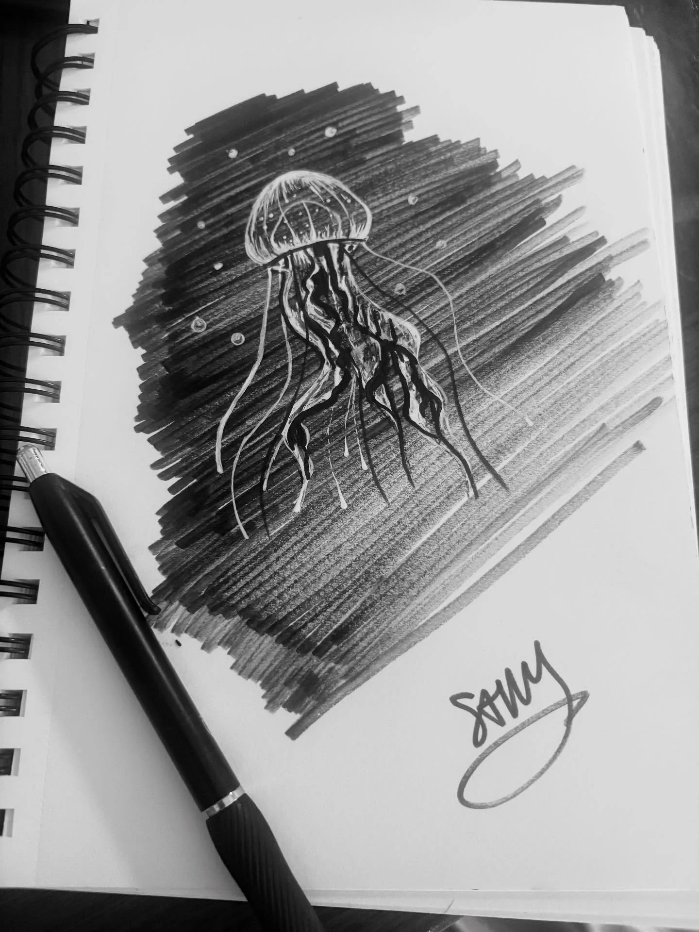 #inktober day 11: sting! This prompt was used the last time I did inktober in 2023. This time I thought I’d do something other than Sting from LOTR so I chose a jellyfish đ #inktoberday11 #pendrawing #drawing #savvyart #art